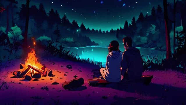 A couple sitting by a campfire in the woods, cuddled up together with headphones, surrounded by firefly, 2D flat Japanese anime-style 4k lofi hip-hop bites landscape music background. Cyan purple colo