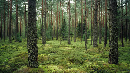 Obraz premium A dense pine forest in northern Europe, with tall trees and mosscovered ground, showcasing the natural beauty of an old growth woodland