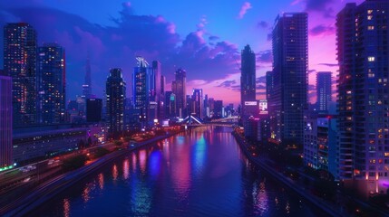 Fototapeta premium Stunning futuristic cityscape with neon lights reflecting in a river at sunset, showcasing towering skyscrapers and dramatic skies.