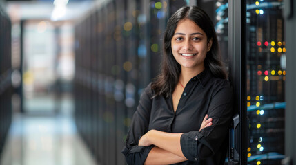 Waist up portrait of indian female system admin in server room, copy space