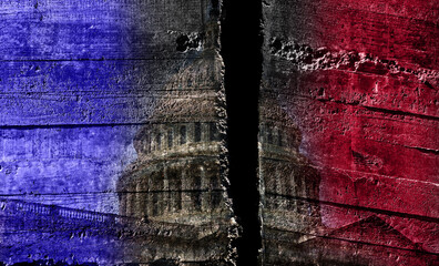The US Capitol building in Washington DC with its dome split in half into red and blue