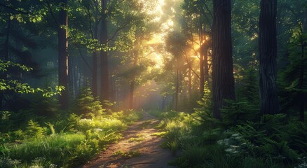 Obraz premium Sunlit Forest Path at Golden Hour