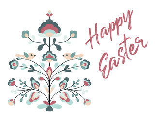 Happy Easter design with flowers and birds on tree of life.