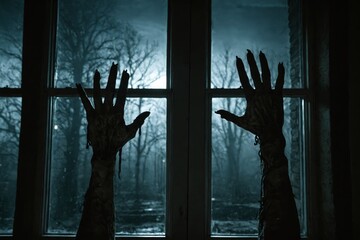 Spooky Night: Hands of a Monster Against the Window
