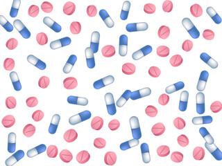 Halthcare pills medical vector illustration. Capsule drugs and tablets disease prescription elements. Blue white and pink pills, first aid treatment or vitamins. Therapy cure drugs.