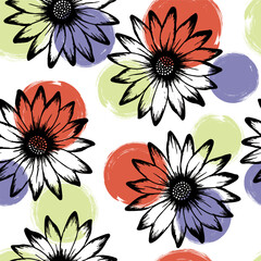 Chamomile pretty summer repeat pattern. Sunflower bloom over circles