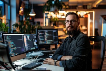 Busy businessman working at desk with two computer screens in office setting
