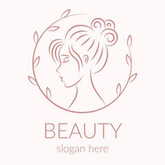 Woman logo template for beauty salon in line art style. Girl face profile and floral elements. Vector illustration. 