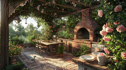 Obraz premium outdoor farmhouse kitchen with a brick oven, a wooden countertop, and a dining table set under a pergola covered in climbing roses, surrounded by a lush garden