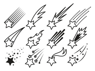 Icons of meteorites and comets. Falling stars vector set. Shooting stars isolated from background