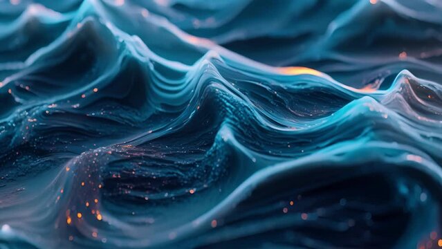 A closeup view of cascading waves whose luminous peaks and valleys evoke a sense of cosmic movement and fluidity.