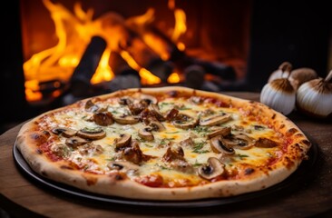 A mouthwatering pepperoni and sausage pizza on a wooden cutting board.