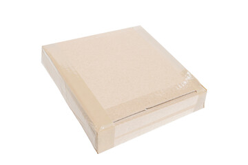 Parcel wrapped with brown paper isolated on white background.