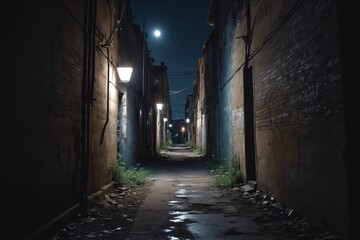 Narrow alley illuminated by street lamps on a moonlit night