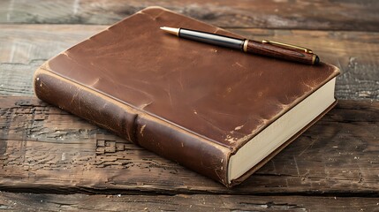 A vintage leather-bound journal with a fountain pen, resting on a rustic wooden surface.  The image evokes a sense of history and storytelling.