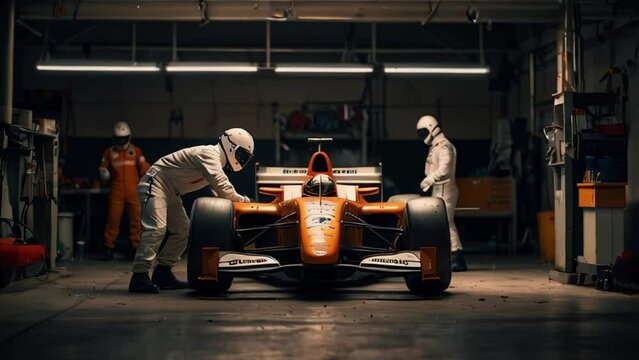 Formula One Race Car Pit Crew Working on Car in Garage