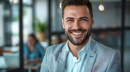Obraz premium A smiling businessman in a suit looks directly at the camera in an office setting.