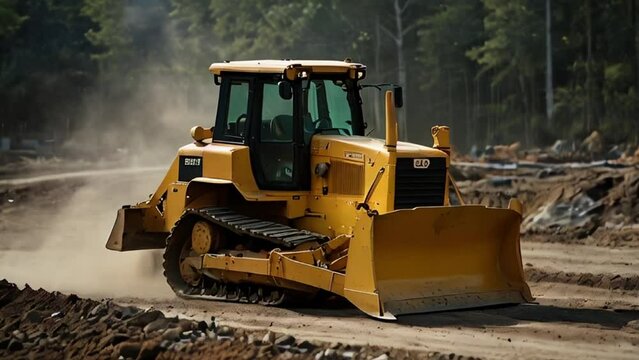 Yellow Bulldozer Moving Dirt on Construction Site with Dust Cloud