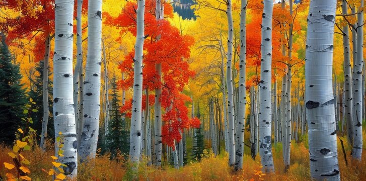 Aspen Trees In An Autumn Forest With Red And Orange Undergrowth