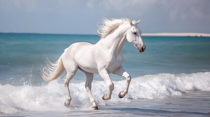 white horse gallops along the shore on sandy beach. Background with copy space. Freedom and the wild spirit of nature, horse running on beach
