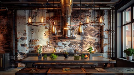 dining area with a steel-framed table, a brick accent wall, and pendant lights made from repurposed metal pipes
