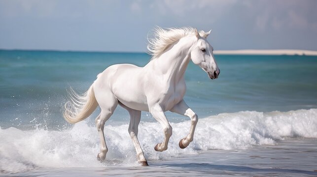 white horse gallops along the shore on sandy beach. Background with copy space. Freedom and the wild spirit of nature, horse running on beach