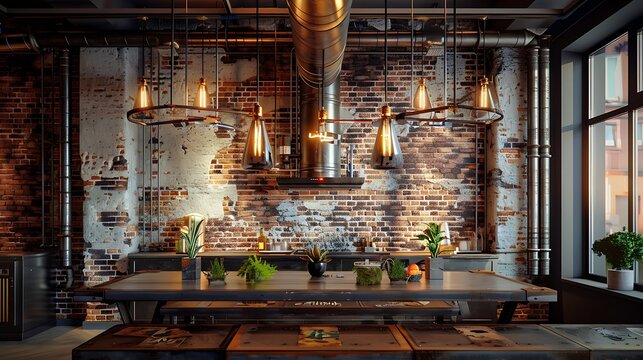 dining area with a steel-framed table, a brick accent wall, and pendant lights made from repurposed metal pipes