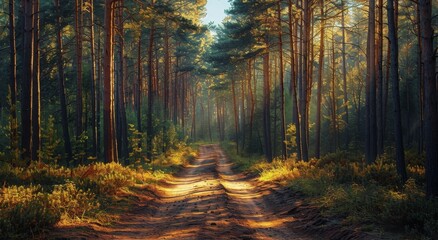 Fototapeta premium Sunlight Filtering Through Tall Trees in a Forest Path