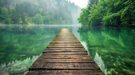 Forest Lake with Blurry wooden walkway