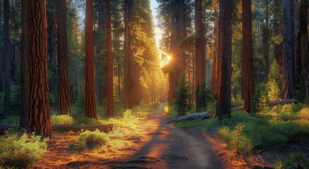 Fototapeta premium Sunlight Filtering Through Tall Trees in a Forest Path