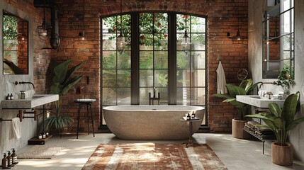 Spacious Bathroom With Brick Wall and Large Tub