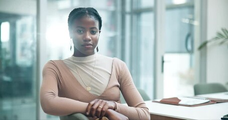 Black woman, confident and portrait in office for management, leadership and empowerment in workplace. Female administrator, pride and hr in boardroom for recruiting, expertise and hiring for company