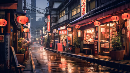 A wet street with many shops and lanterns hanging from the buildings