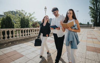 Business associates discussing marketing strategy, financial planning, and brainstorming ideas using technology during an outdoor meeting in urban city downtown.