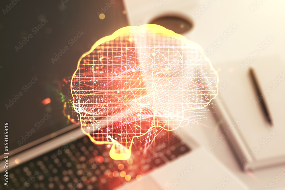 Aufkleber Double exposure of creative artificial Intelligence symbol with modern laptop on background. Neural networks and machine learning concept