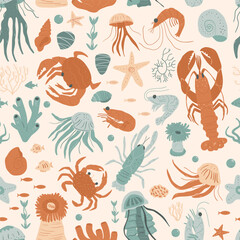 Underwater seamless pattern. Collection of starfish, jellyfish, lobster, crabs, shrimp, coral, seaweed, and snail shells repeat background. Vector hand drawn illustration.