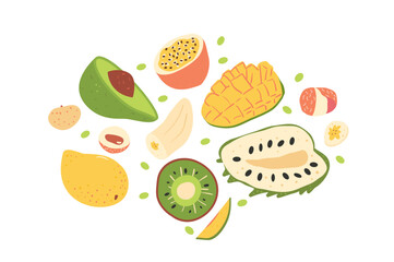 Fruits isolated on white background. Set of exotic sweet dessert. Tropical fruit slices. Vector hand drawn collection illustration.