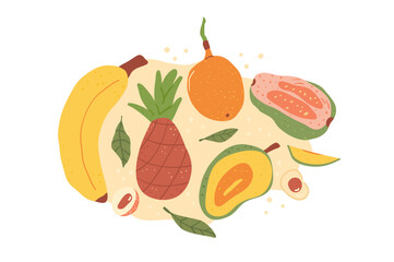 Fruits composition. Set of exotic sweet dessert. Banana, pineapple sweet granadilla, mango and guava. Whole and slice of ripe tropical fruits. Vector illustration.