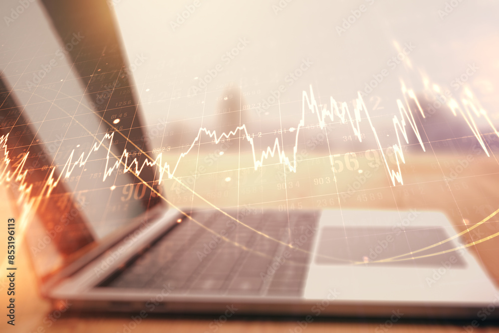 Poster multi exposure of abstract creative financial graph on modern computer background, forex and investm