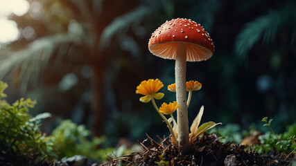a mushroom with yellow flowers in the background.