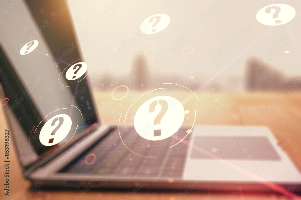 Aufkleber creative abstract question mark sketch on modern laptop background, faq and research concept. double