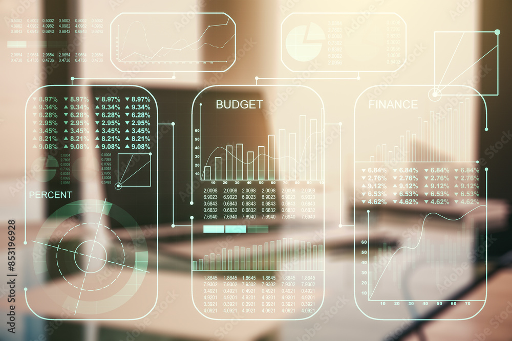 Poster double exposure of abstract creative statistics data hologram on laptop background, statistics and a