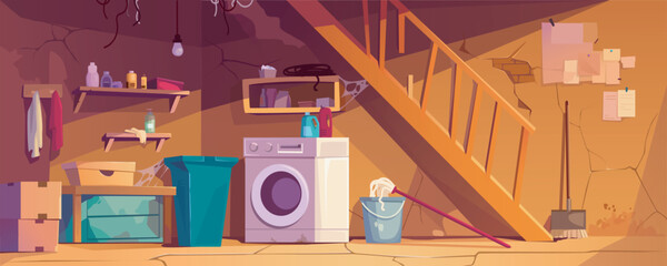 Basement room interior background banner for game design. Abandoned cellar with wooden broken staircase, old laundry machine, boxes and shelves, cracked walls with cobweb. Vector cartoon illustration
