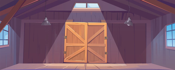 Wooden storehouse or barn interior background banner for game design. Storage room inside or rustic shed with big closed gates, windows, hanging lamp lights, wood ceiling. Vector cartoon illustration