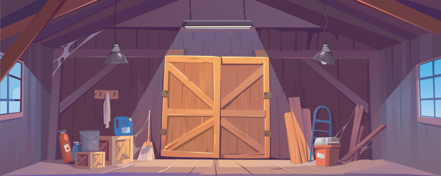 Wooden storehouse interior background banner for game design. Storage room inside with big closed gates, windows, hanging lamps, boxes, canister, old cloth, ladder, other. Vector cartoon illustration
