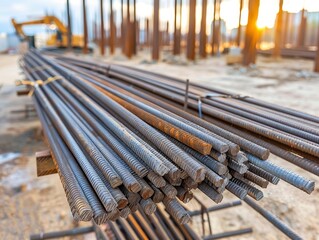 Stack of steel bars at a construction site, showcasing their importance in building reinforcement. Ideal for use in construction and industrial materials advertisements.