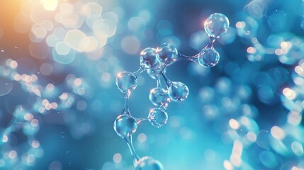 Abstract molecular structure with blue background, shining in light reflection, illustrating scientific concept and futuristic technology
