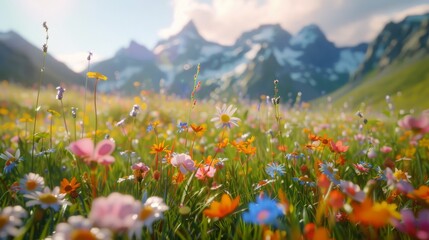 Fototapeta premium Colorful flowers bloom in a mountain meadow on a sunny day. The vibrant scenery includes clear skies, lush greenery, and majestic hills in the background.