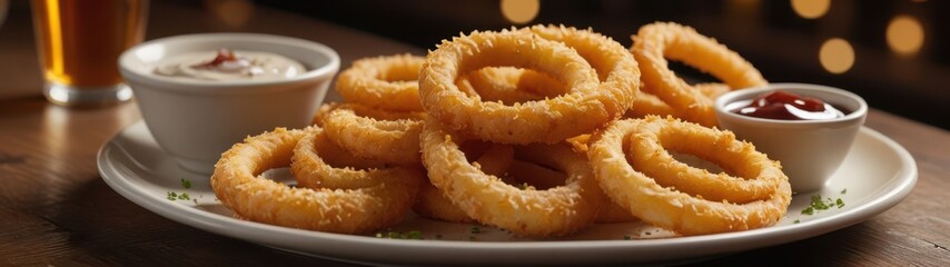 A close-up shot of crispy, golden onion rings stacked on a plate, accompanied by small bowls of dipping sauces, set in a warm, ambient dining setting.
