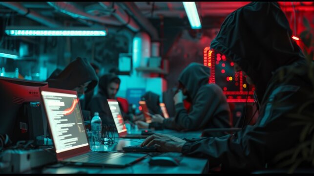 Cybersecurity experts in dark room with multiple computers working on code. They focus on maintaining system security. Bright monitors light up the scene.
